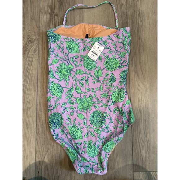J.Crew Strapless Adjustable Floral Lilac Green Resort One Piece Swimsuit Small - Picture 3 of 4